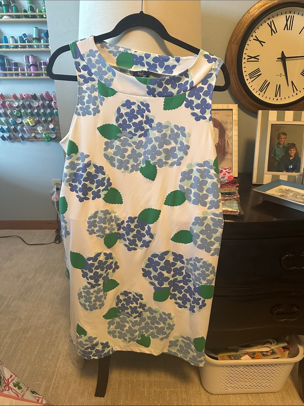 New White Shift Dress with Blue Hydrangea Print by sailor-sailor, size large